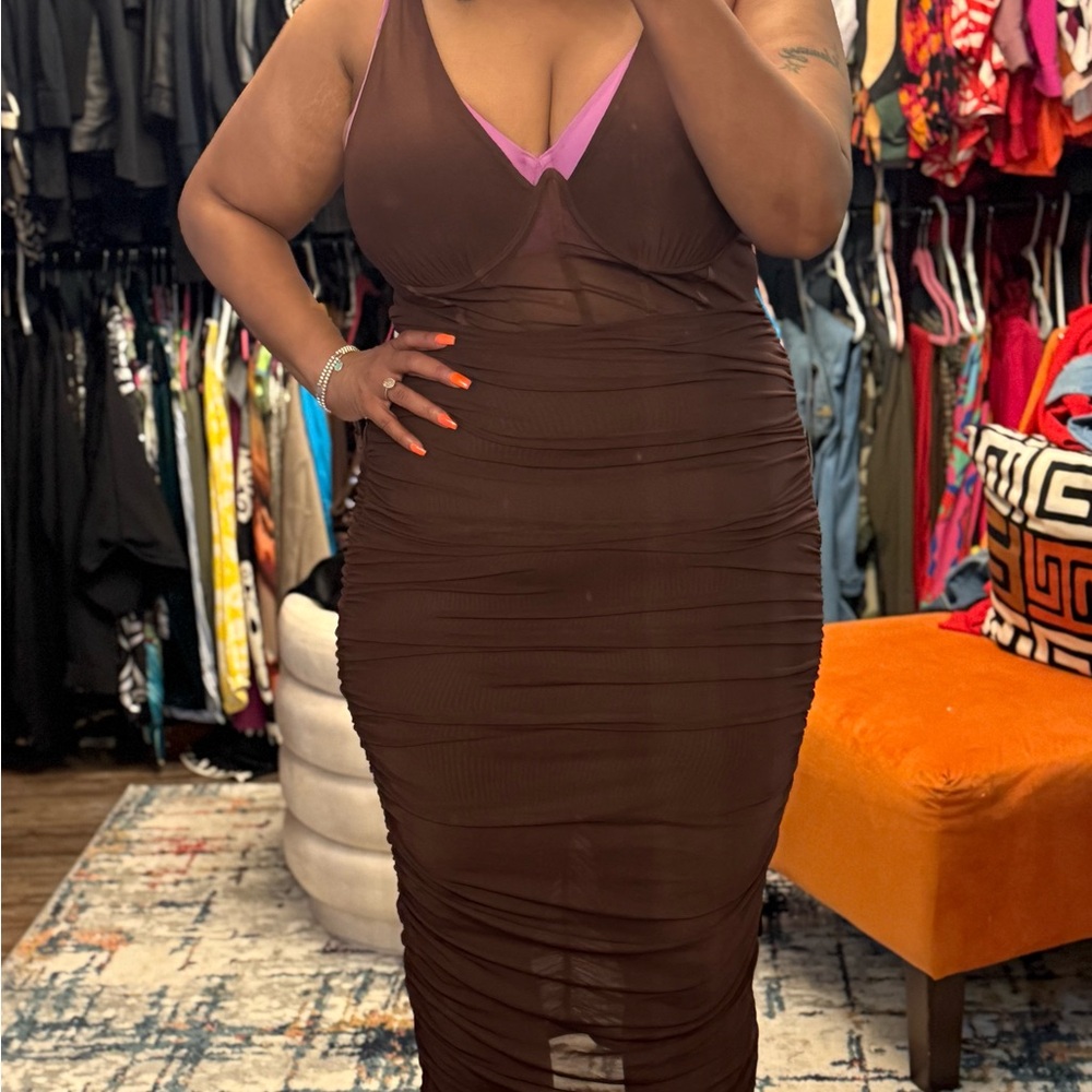 Brown Sheer Ruched Dress